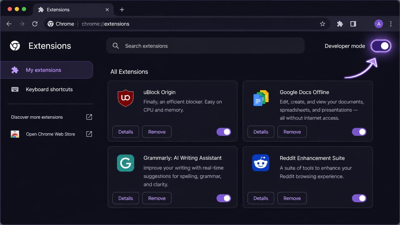 Chrome extensions page with the Developer mode toggle switched on in the top-right corner