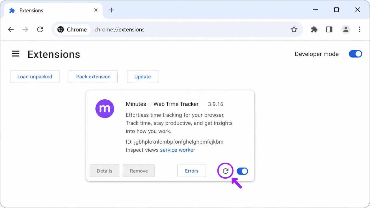 Chrome extensions page with the circular refresh icon on the Minutes card highlighted and the Remove button greyed out