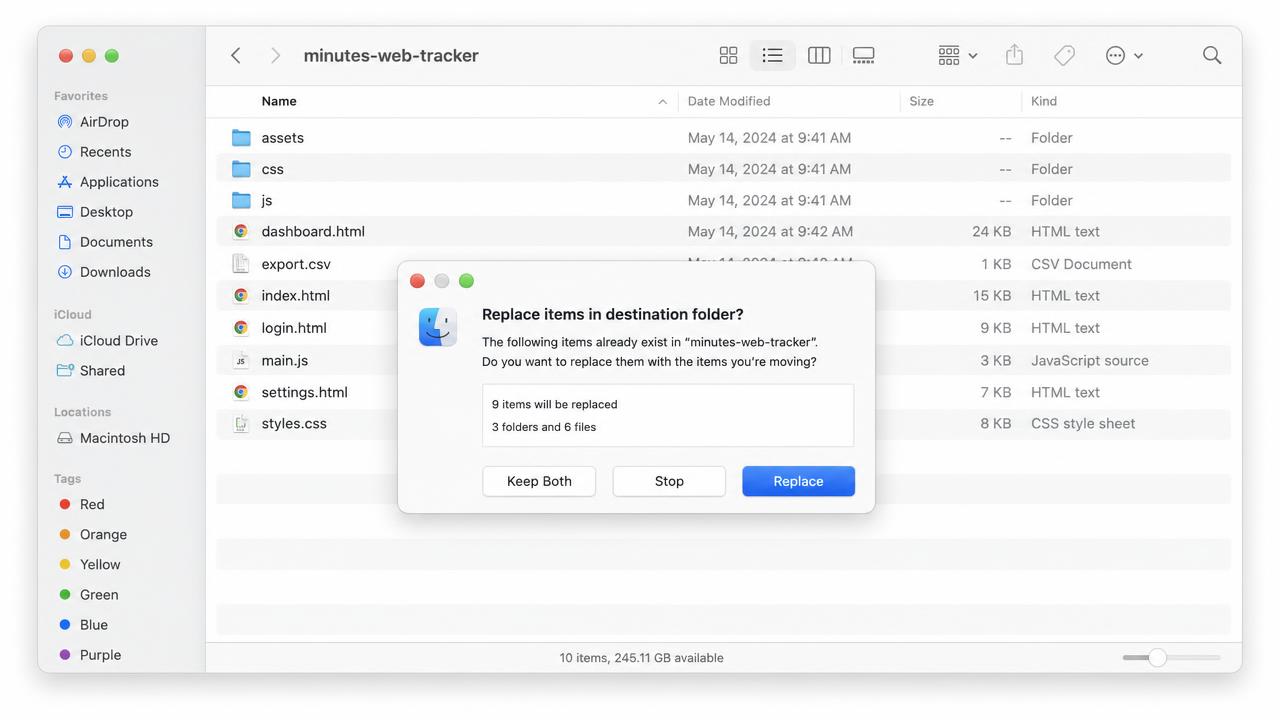 File manager showing the minutes-web-tracker folder with a Replace items in destination folder dialog and the Replace button highlighted